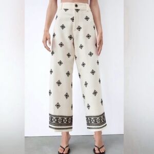 Zara Linen Blend Cream and Black Wide Leg Pants NWT size S